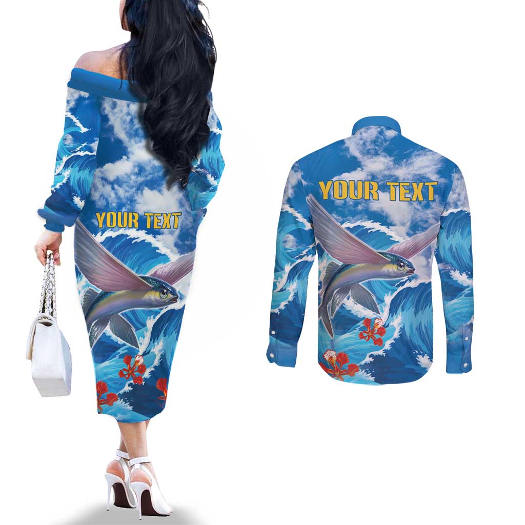Personalized Barbados Fish Flying Couples Matching Off The Shoulder Long Sleeve Dress and Long Sleeve Button Shirt With Stormy Sea Wave