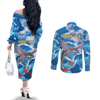 Personalized Barbados Fish Flying Couples Matching Off The Shoulder Long Sleeve Dress and Long Sleeve Button Shirt With Stormy Sea Wave