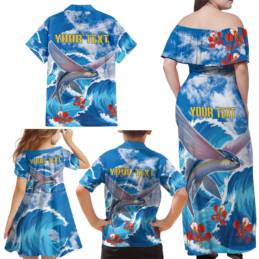 Personalized Barbados Fish Flying Family Matching Off Shoulder Maxi Dress and Hawaiian Shirt With Stormy Sea Wave - Wonder Print Shop