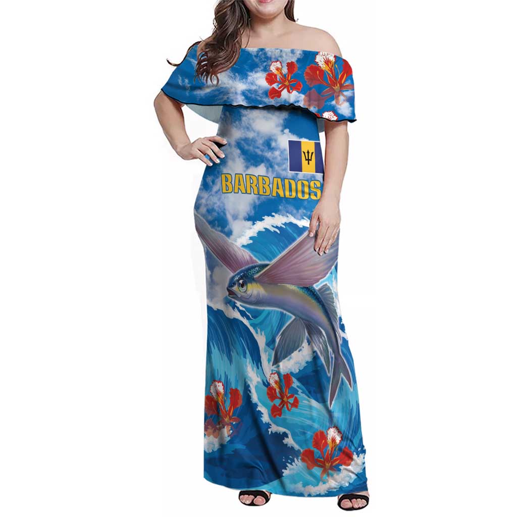 Personalized Barbados Fish Flying Family Matching Off Shoulder Maxi Dress and Hawaiian Shirt With Stormy Sea Wave - Wonder Print Shop