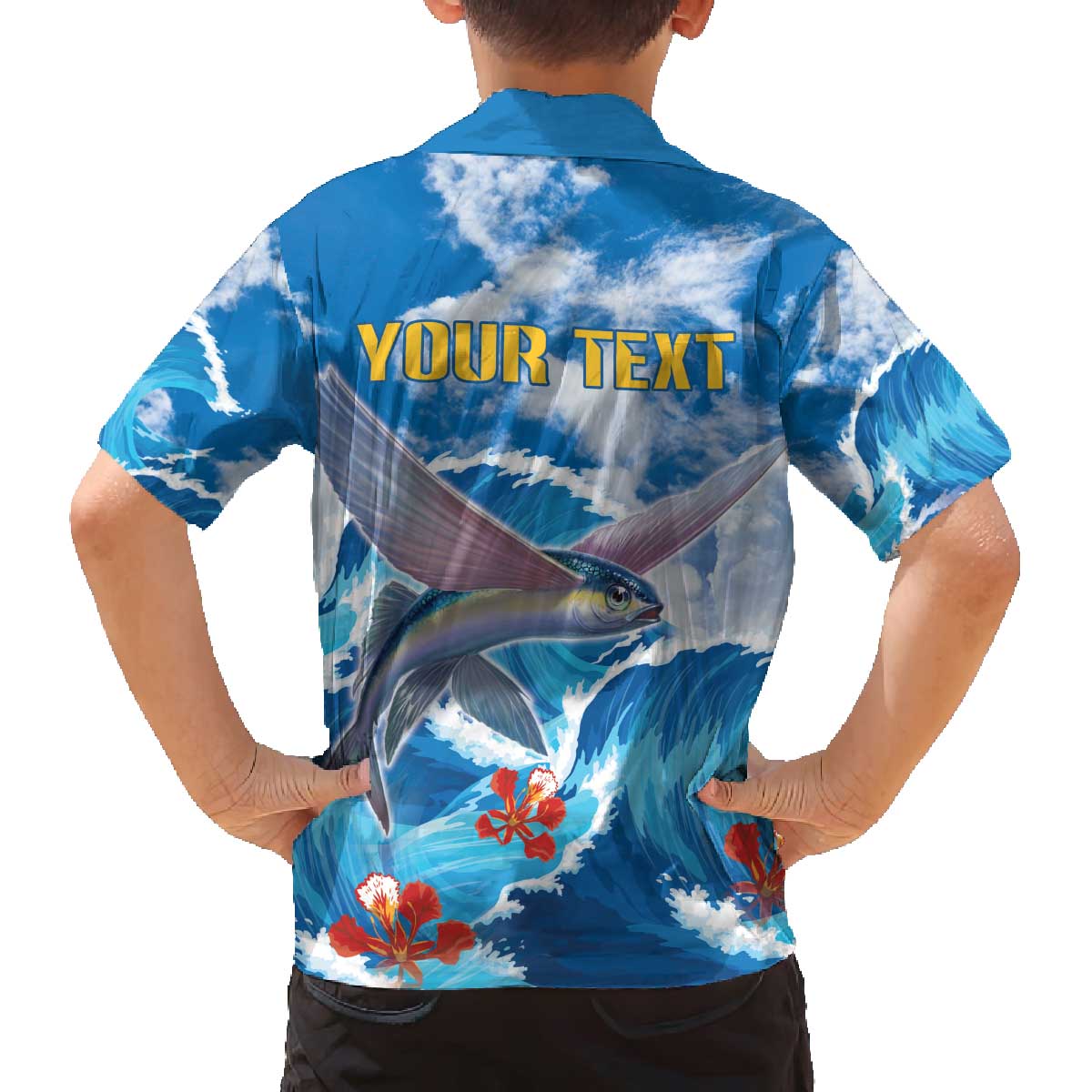 Personalized Barbados Fish Flying Family Matching Off Shoulder Short Dress and Hawaiian Shirt With Stormy Sea Wave - Wonder Print Shop