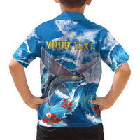 Personalized Barbados Fish Flying Family Matching Short Sleeve Bodycon Dress and Hawaiian Shirt With Stormy Sea Wave - Wonder Print Shop