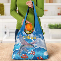 Personalized Barbados Fish Flying Grocery Bag With Stormy Sea Wave