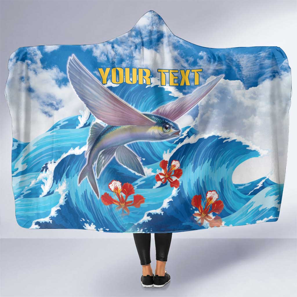 Personalized Barbados Fish Flying Hooded Blanket With Stormy Sea Wave