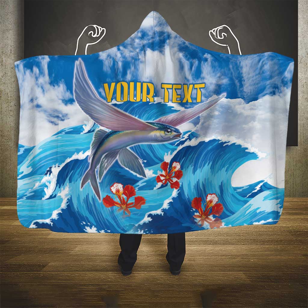 Personalized Barbados Fish Flying Hooded Blanket With Stormy Sea Wave