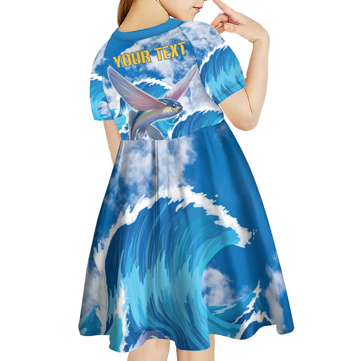 Personalized Barbados Fish Flying Kid Short Sleeve Dress With Stormy Sea Wave - Wonder Print Shop