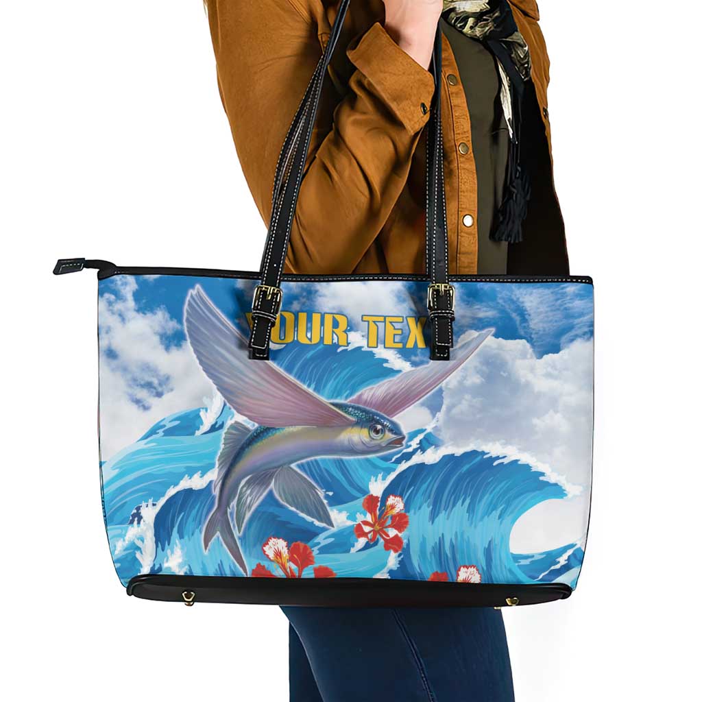 Personalized Barbados Fish Flying Leather Tote Bag With Stormy Sea Wave - Wonder Print Shop