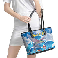 Personalized Barbados Fish Flying Leather Tote Bag With Stormy Sea Wave - Wonder Print Shop