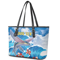 Personalized Barbados Fish Flying Leather Tote Bag With Stormy Sea Wave - Wonder Print Shop