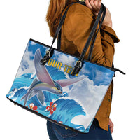 Personalized Barbados Fish Flying Leather Tote Bag With Stormy Sea Wave - Wonder Print Shop