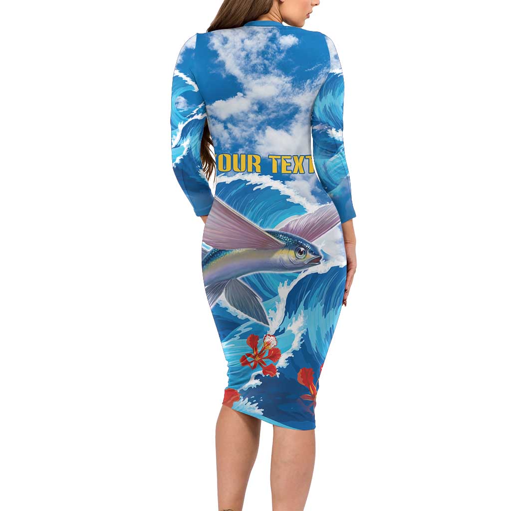 Personalized Barbados Fish Flying Long Sleeve Bodycon Dress With Stormy Sea Wave - Wonder Print Shop