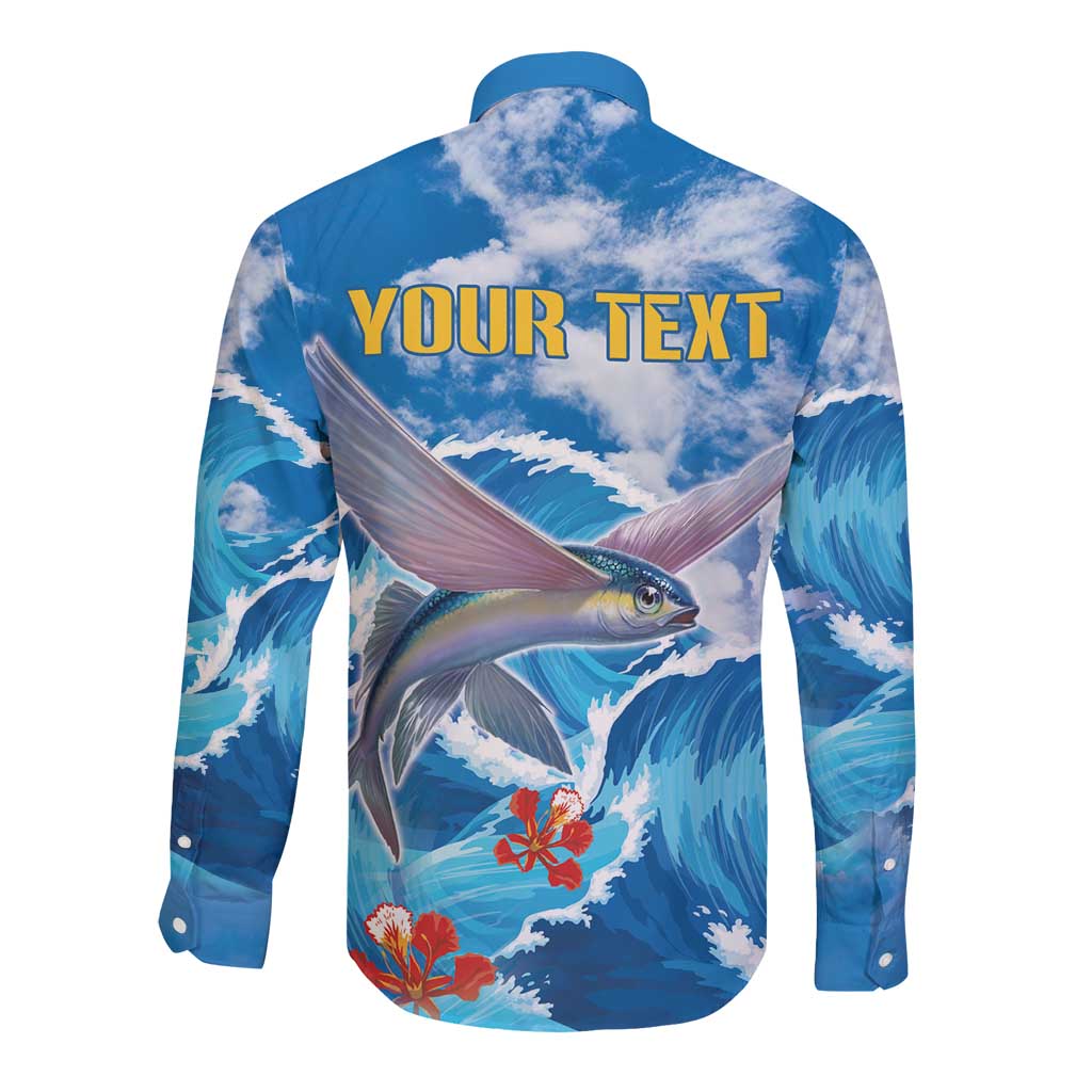 Personalized Barbados Fish Flying Long Sleeve Button Shirt With Stormy Sea Wave - Wonder Print Shop