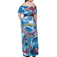 Personalized Barbados Fish Flying Off Shoulder Maxi Dress With Stormy Sea Wave - Wonder Print Shop
