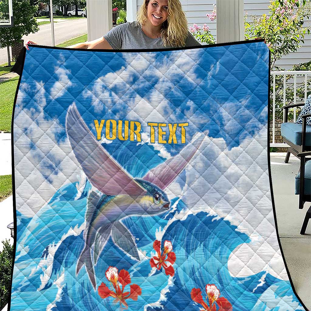 Personalized Barbados Fish Flying Quilt With Stormy Sea Wave - Wonder Print Shop