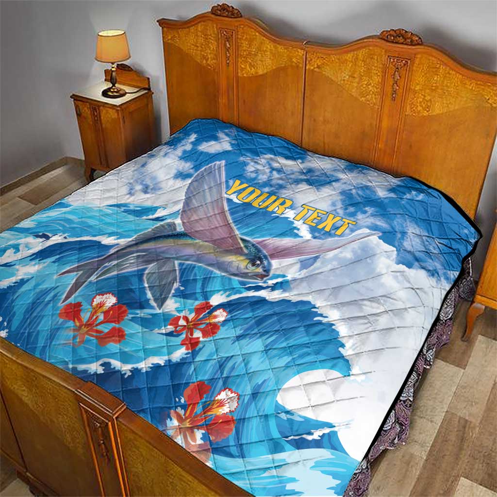 Personalized Barbados Fish Flying Quilt With Stormy Sea Wave - Wonder Print Shop