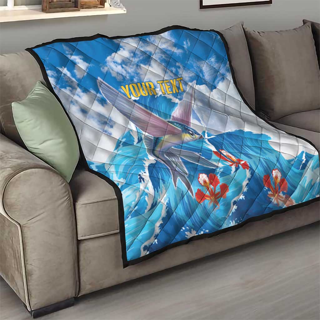 Personalized Barbados Fish Flying Quilt With Stormy Sea Wave - Wonder Print Shop