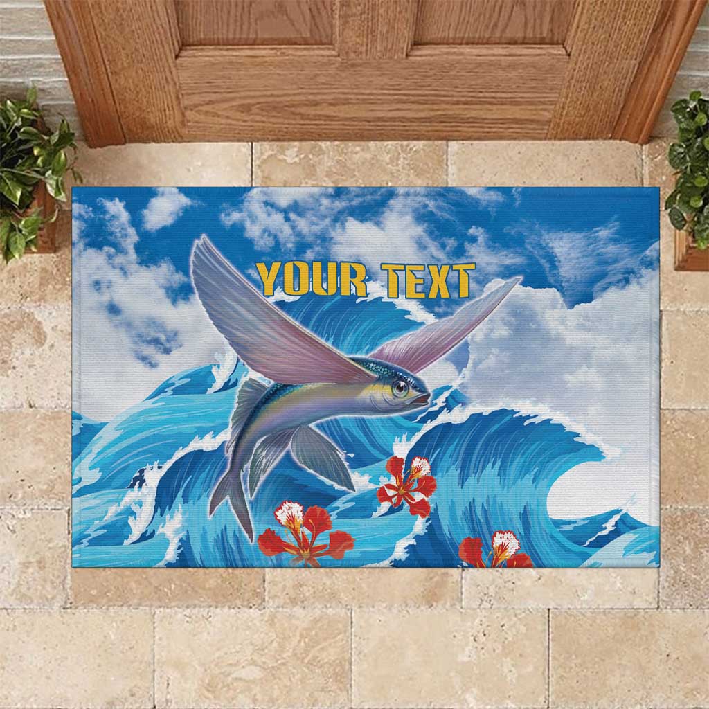 Personalized Barbados Fish Flying Rubber Doormat With Stormy Sea Wave - Wonder Print Shop
