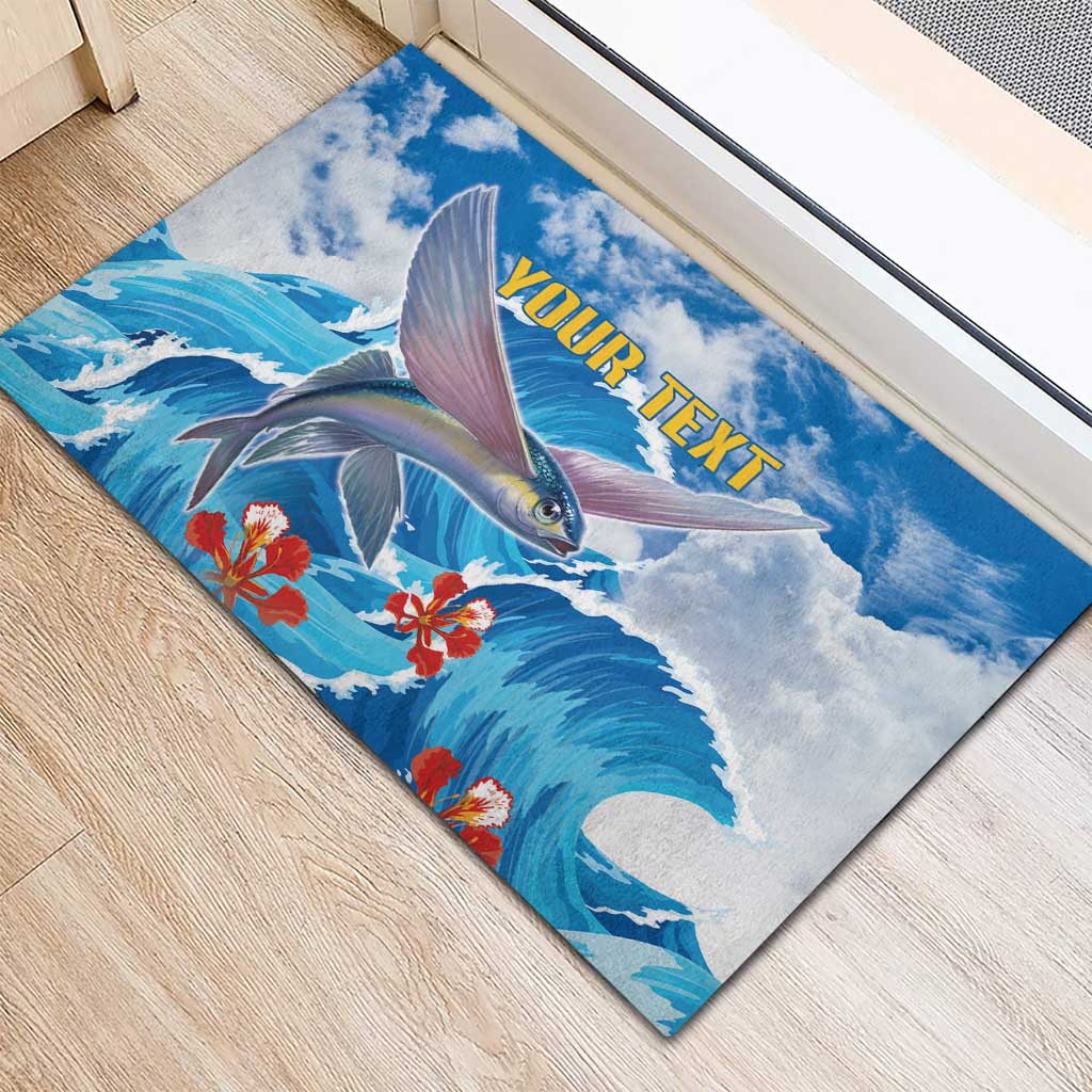 Personalized Barbados Fish Flying Rubber Doormat With Stormy Sea Wave - Wonder Print Shop
