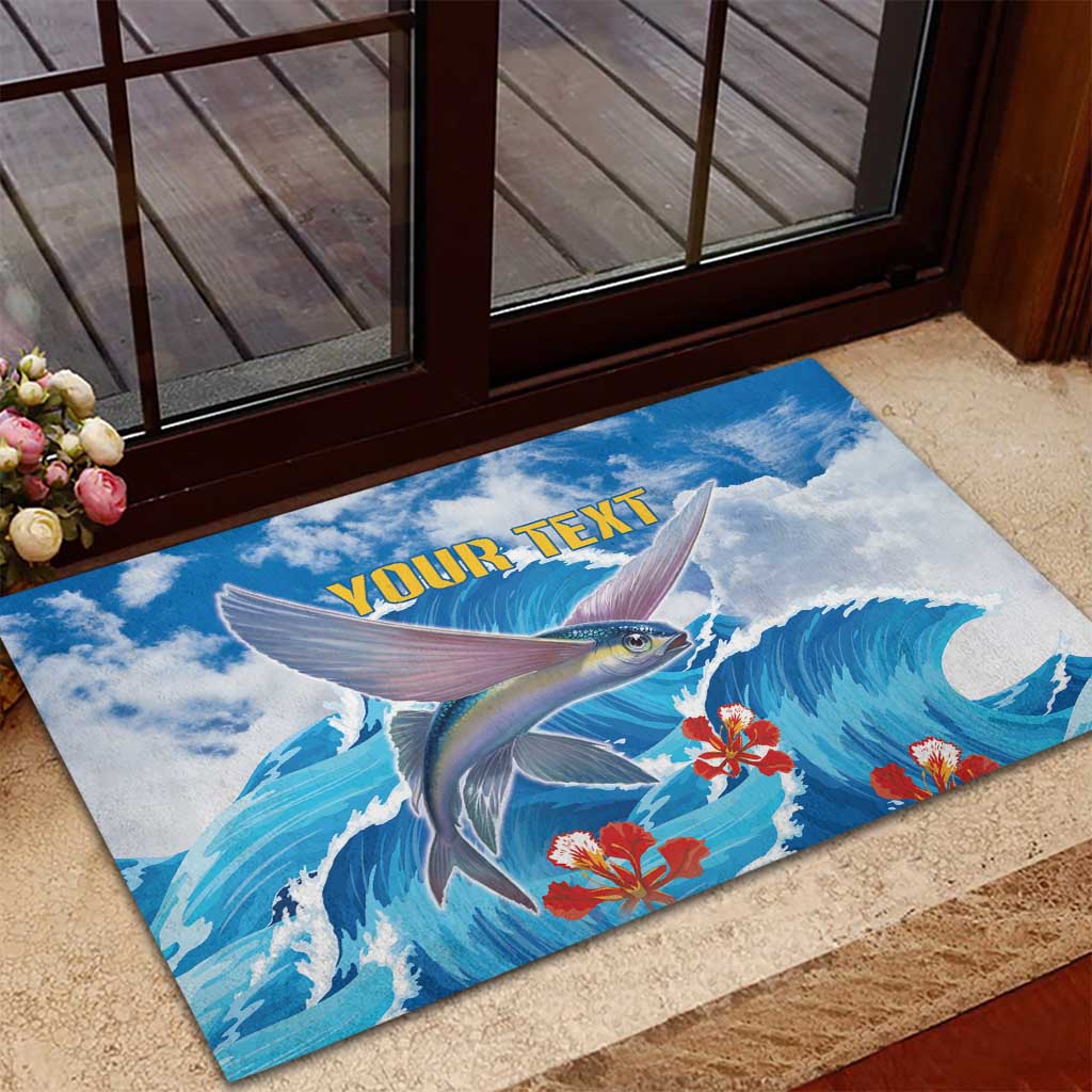 Personalized Barbados Fish Flying Rubber Doormat With Stormy Sea Wave - Wonder Print Shop