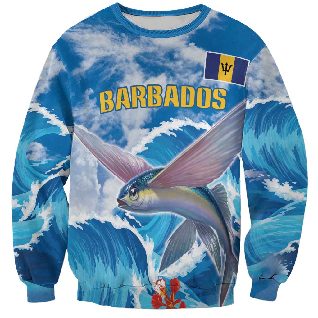 Personalized Barbados Fish Flying Sweatshirt With Stormy Sea Wave - Wonder Print Shop