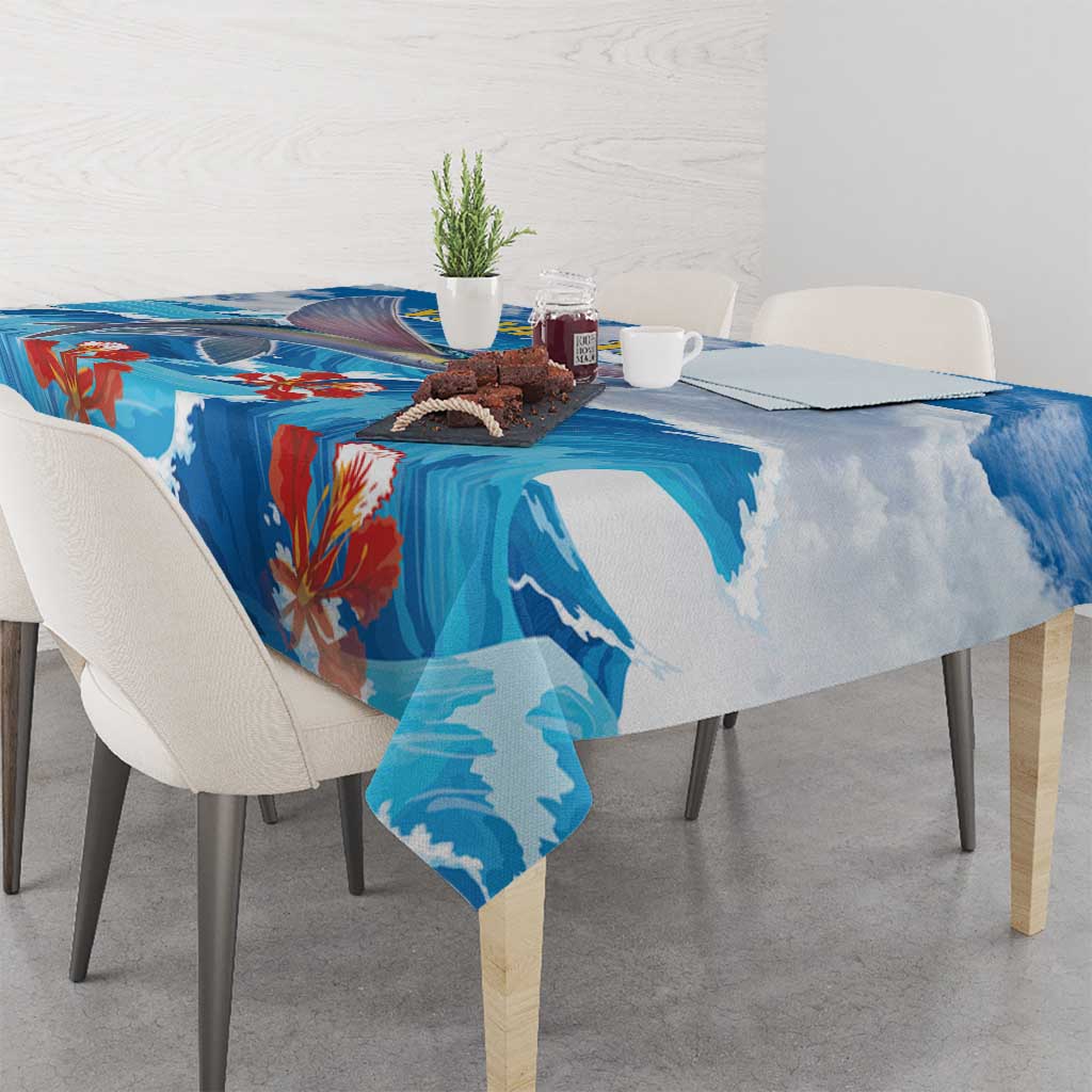 Personalized Barbados Fish Flying Tablecloth With Stormy Sea Wave - Wonder Print Shop