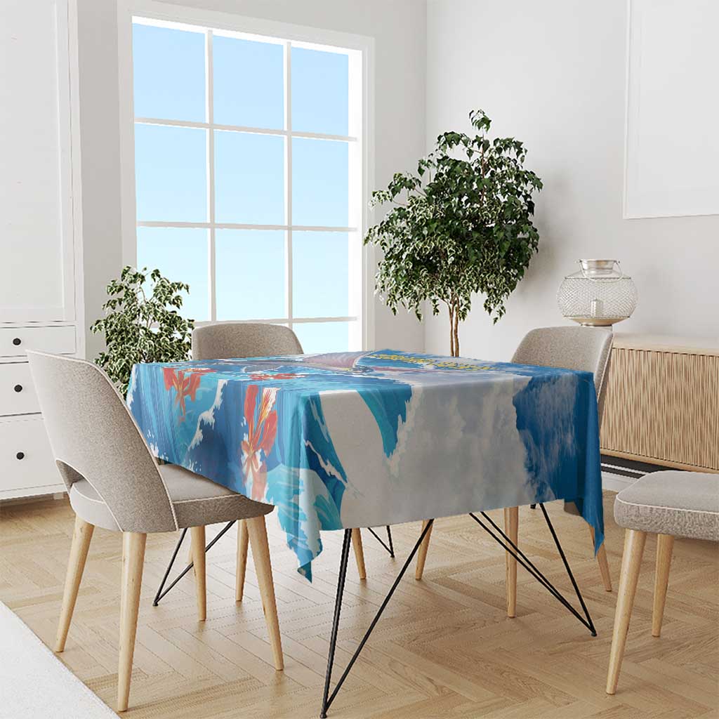 Personalized Barbados Fish Flying Tablecloth With Stormy Sea Wave - Wonder Print Shop