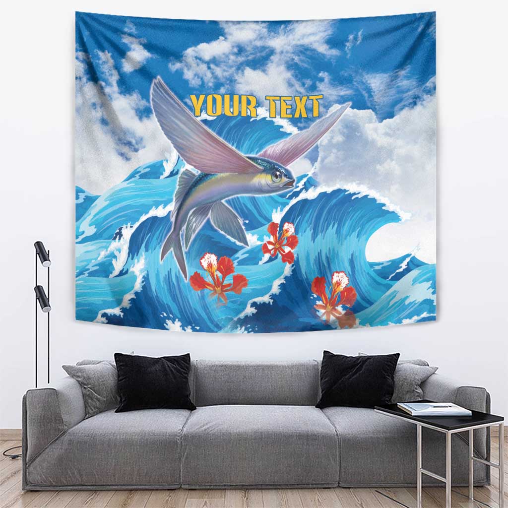 Personalized Barbados Fish Flying Tapestry With Stormy Sea Wave - Wonder Print Shop