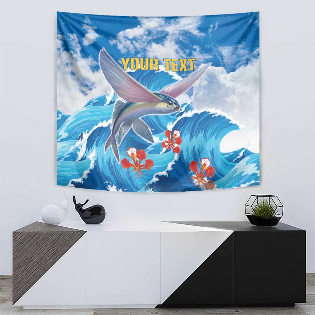 Personalized Barbados Fish Flying Tapestry With Stormy Sea Wave - Wonder Print Shop