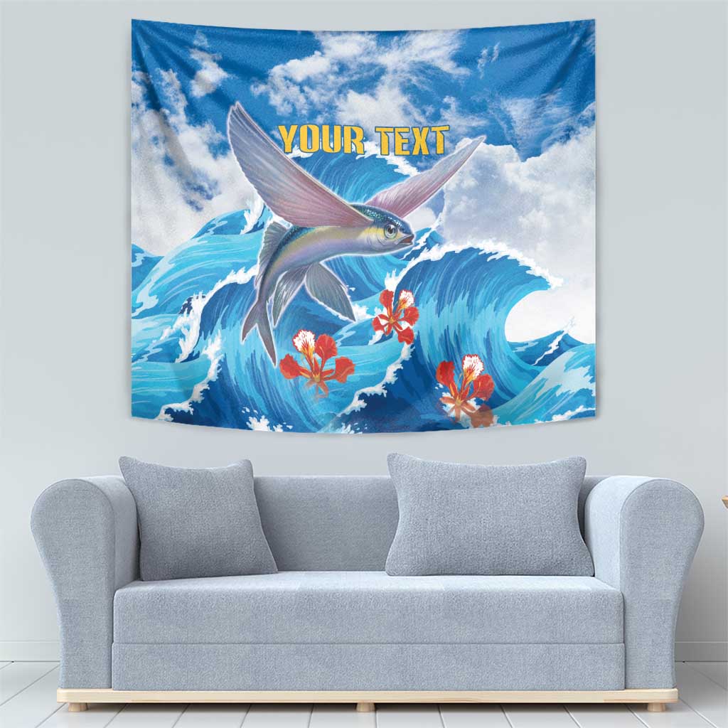 Personalized Barbados Fish Flying Tapestry With Stormy Sea Wave - Wonder Print Shop