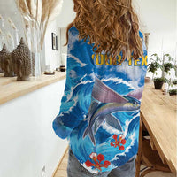 Personalized Barbados Fish Flying Women Casual Shirt With Stormy Sea Wave - Wonder Print Shop