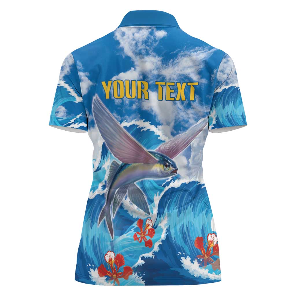 Personalized Barbados Fish Flying Women Polo Shirt With Stormy Sea Wave - Wonder Print Shop