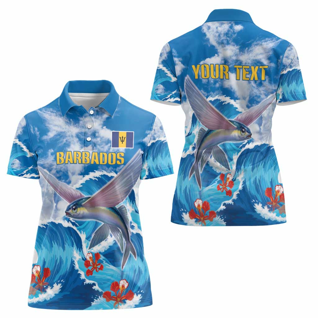 Personalized Barbados Fish Flying Women Polo Shirt With Stormy Sea Wave - Wonder Print Shop
