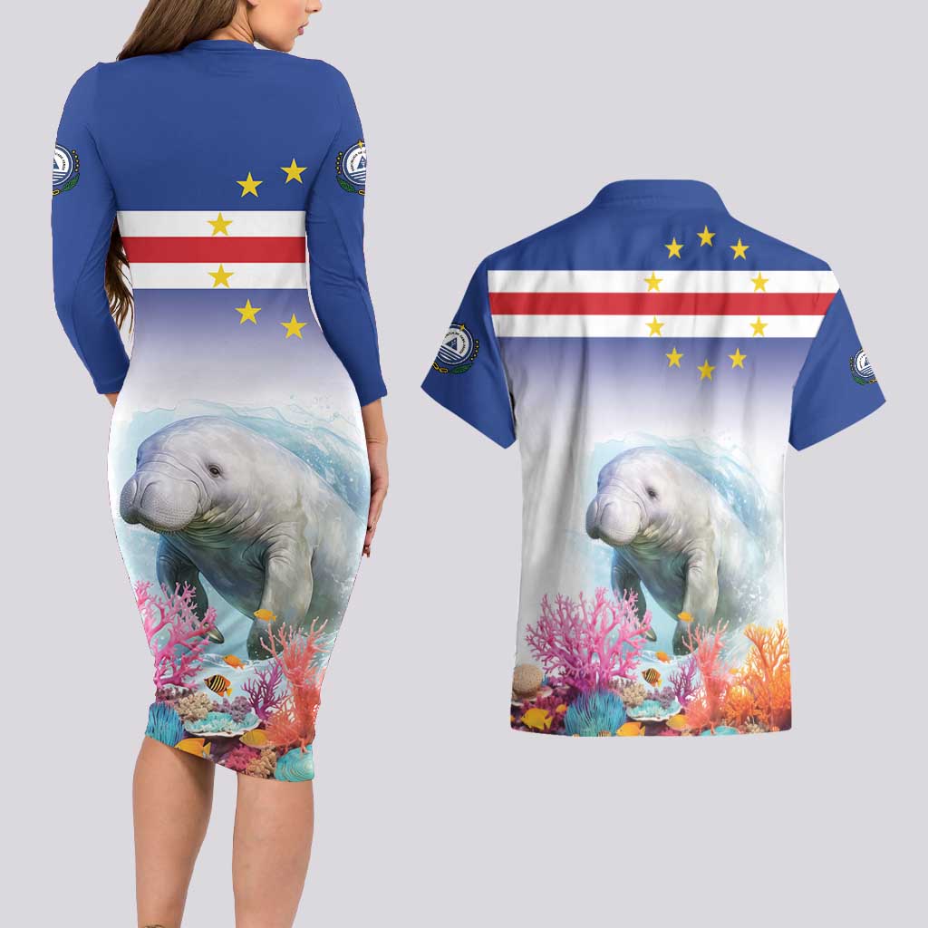 Cape Verde Manatee Couples Matching Long Sleeve Bodycon Dress and Hawaiian Shirt Coral Reef With Flag Style - Wonder Print Shop