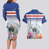 Cape Verde Manatee Couples Matching Long Sleeve Bodycon Dress and Hawaiian Shirt Coral Reef With Flag Style - Wonder Print Shop