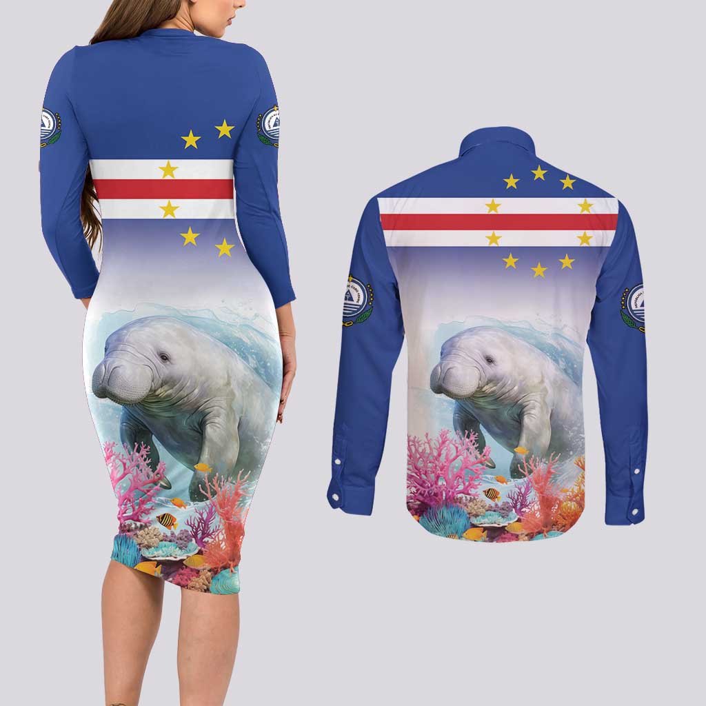 Cape Verde Manatee Couples Matching Long Sleeve Bodycon Dress and Long Sleeve Button Shirt Coral Reef With Flag Style - Wonder Print Shop
