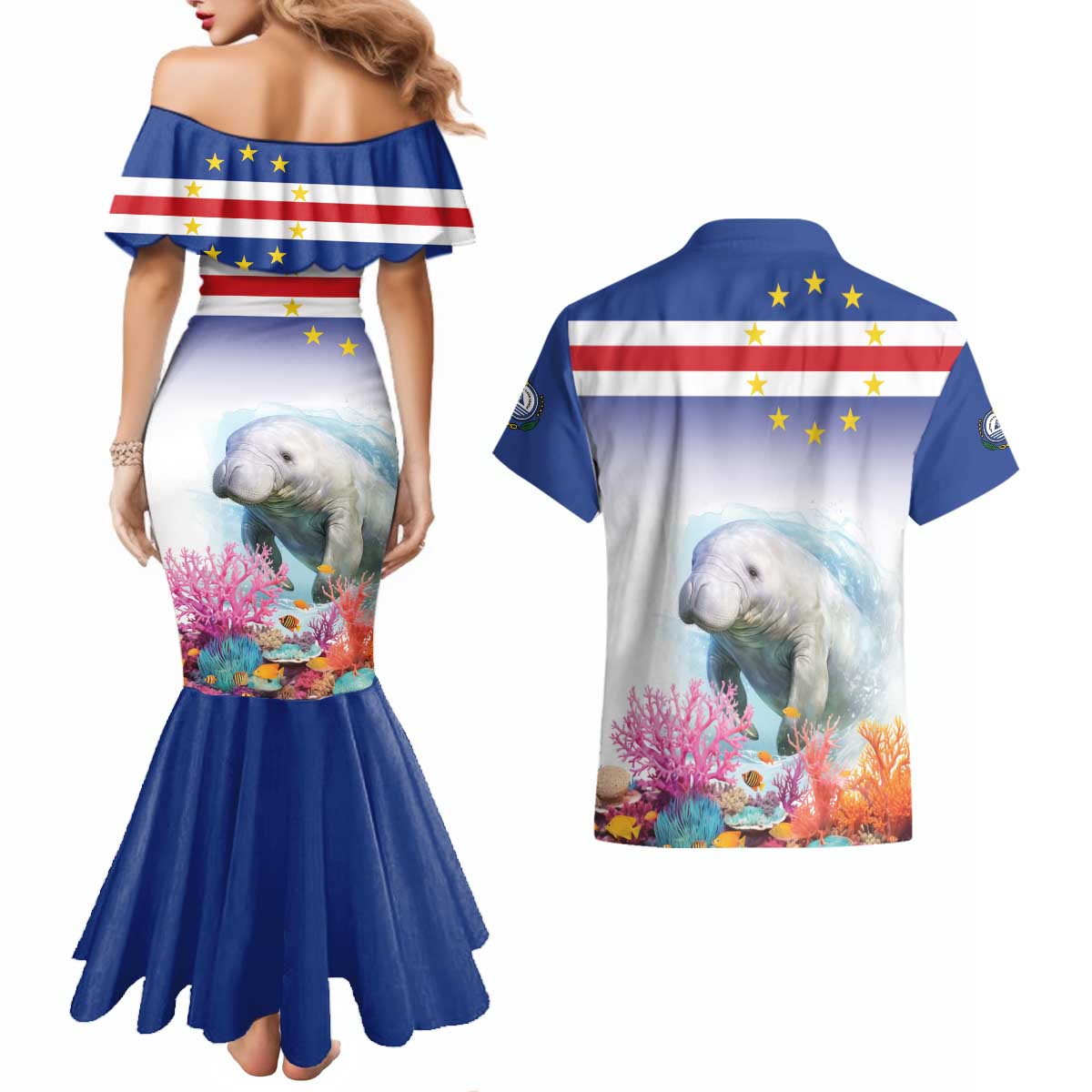 Cape Verde Manatee Couples Matching Mermaid Dress and Hawaiian Shirt Coral Reef With Flag Style - Wonder Print Shop