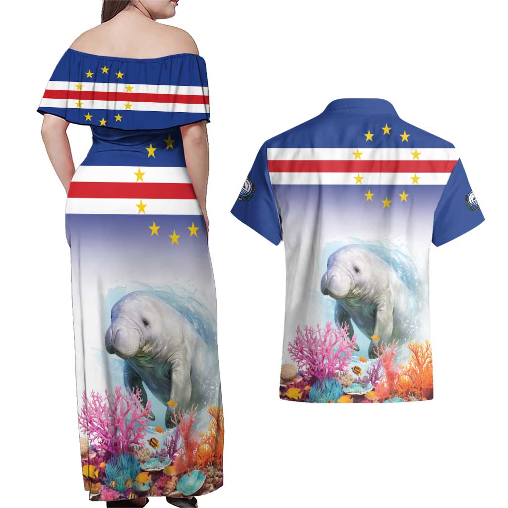 Cape Verde Manatee Couples Matching Off Shoulder Maxi Dress and Hawaiian Shirt Coral Reef With Flag Style - Wonder Print Shop