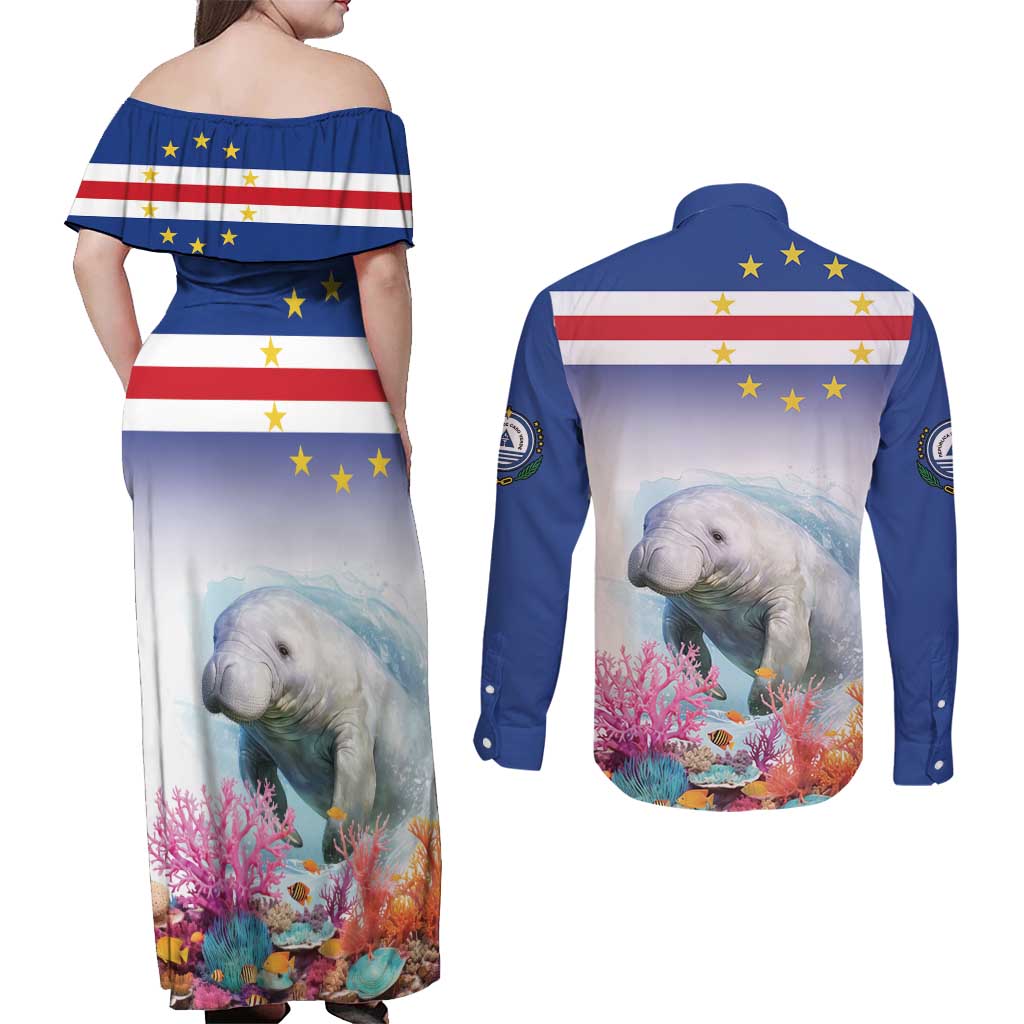 Cape Verde Manatee Couples Matching Off Shoulder Maxi Dress and Long Sleeve Button Shirt Coral Reef With Flag Style - Wonder Print Shop