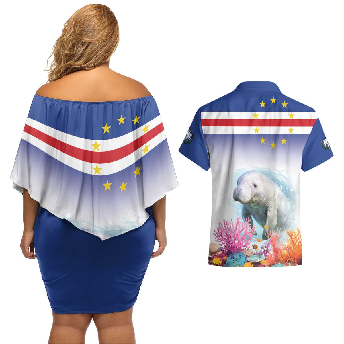 Cape Verde Manatee Couples Matching Off Shoulder Short Dress and Hawaiian Shirt Coral Reef With Flag Style - Wonder Print Shop