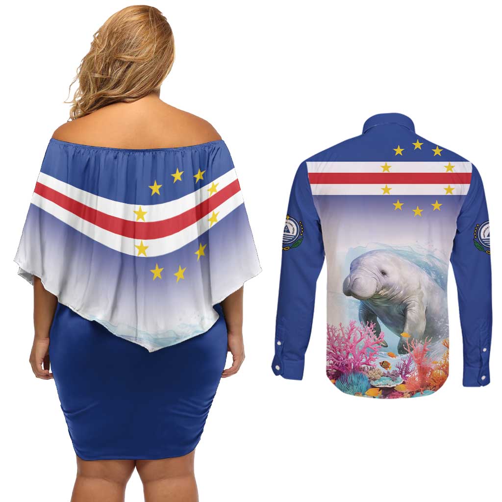 Cape Verde Manatee Couples Matching Off Shoulder Short Dress and Long Sleeve Button Shirt Coral Reef With Flag Style - Wonder Print Shop