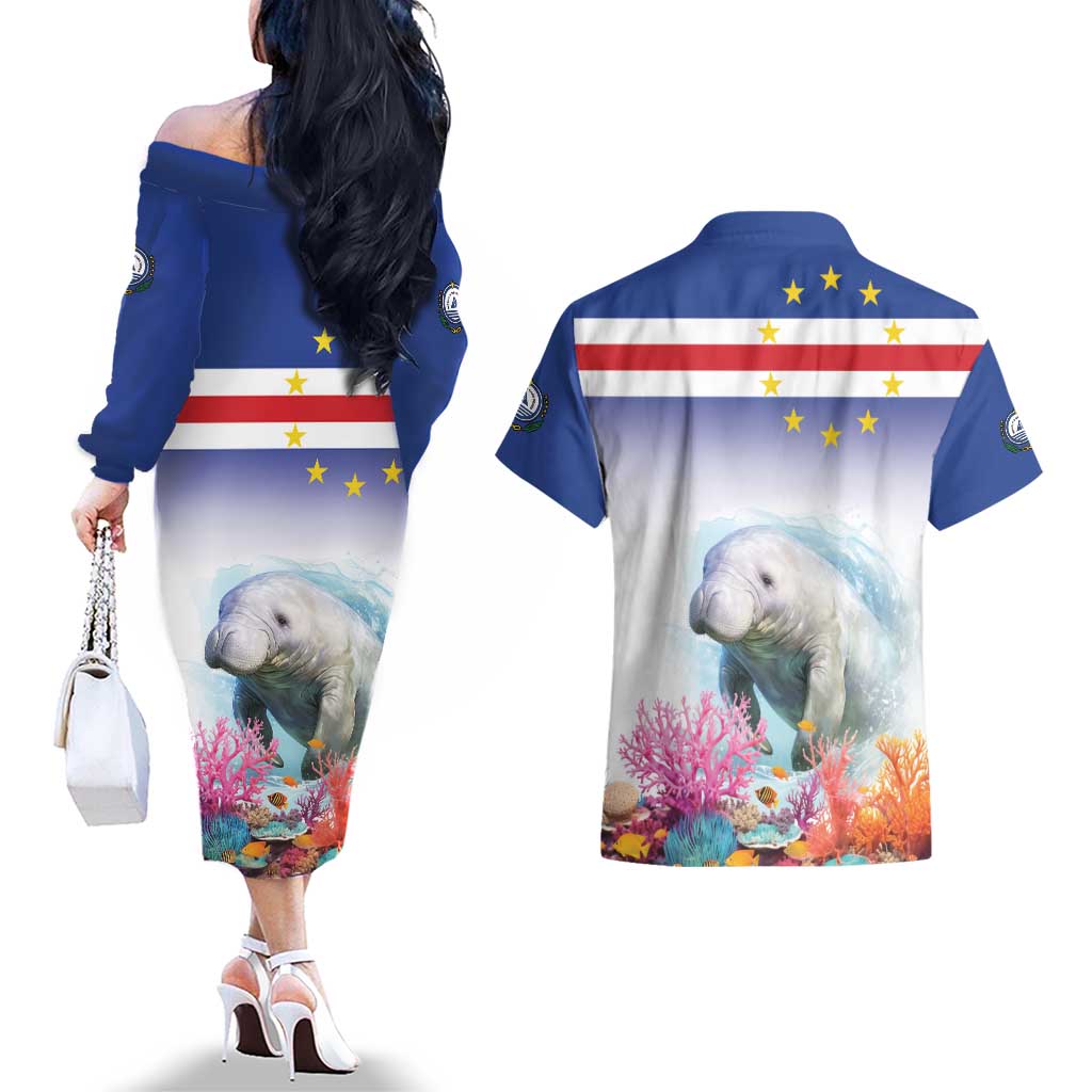 Cape Verde Manatee Couples Matching Off The Shoulder Long Sleeve Dress and Hawaiian Shirt Coral Reef With Flag Style - Wonder Print Shop