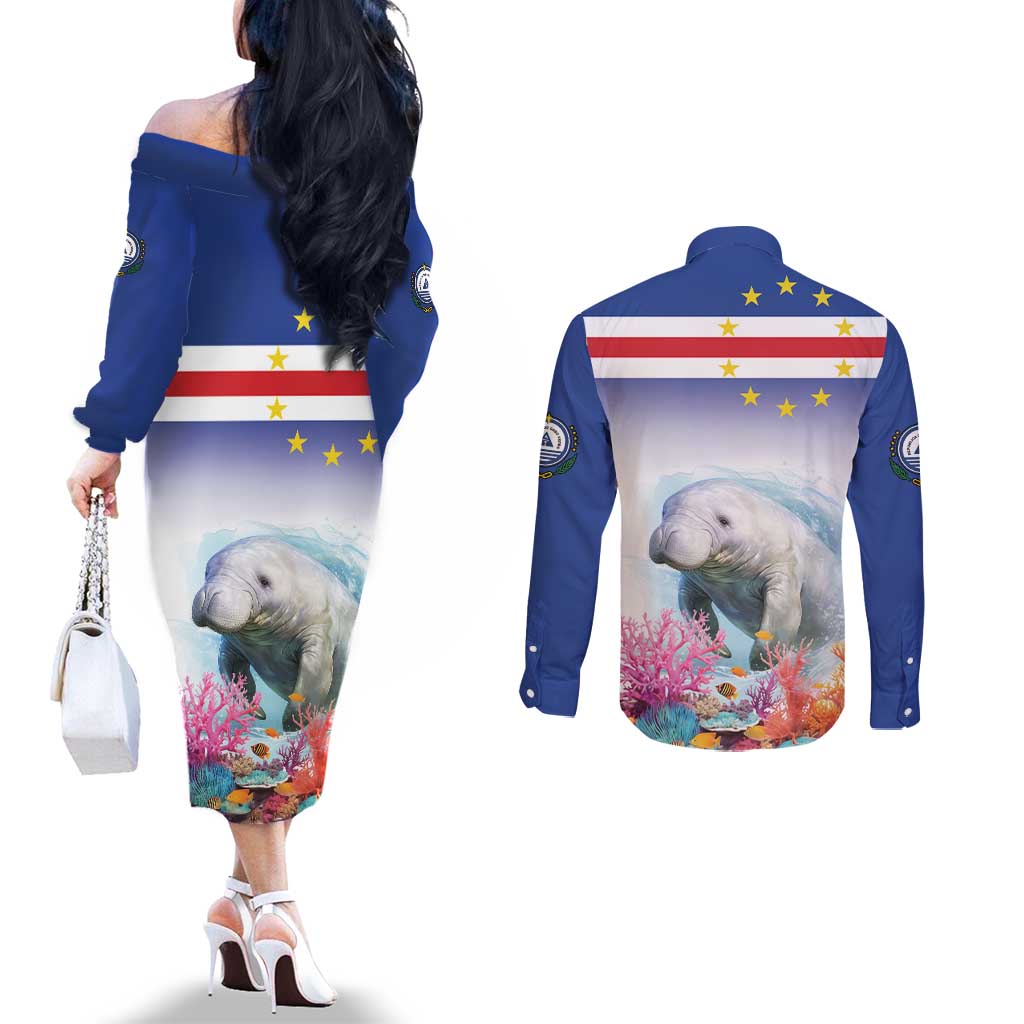 Cape Verde Manatee Couples Matching Off The Shoulder Long Sleeve Dress and Long Sleeve Button Shirt Coral Reef With Flag Style