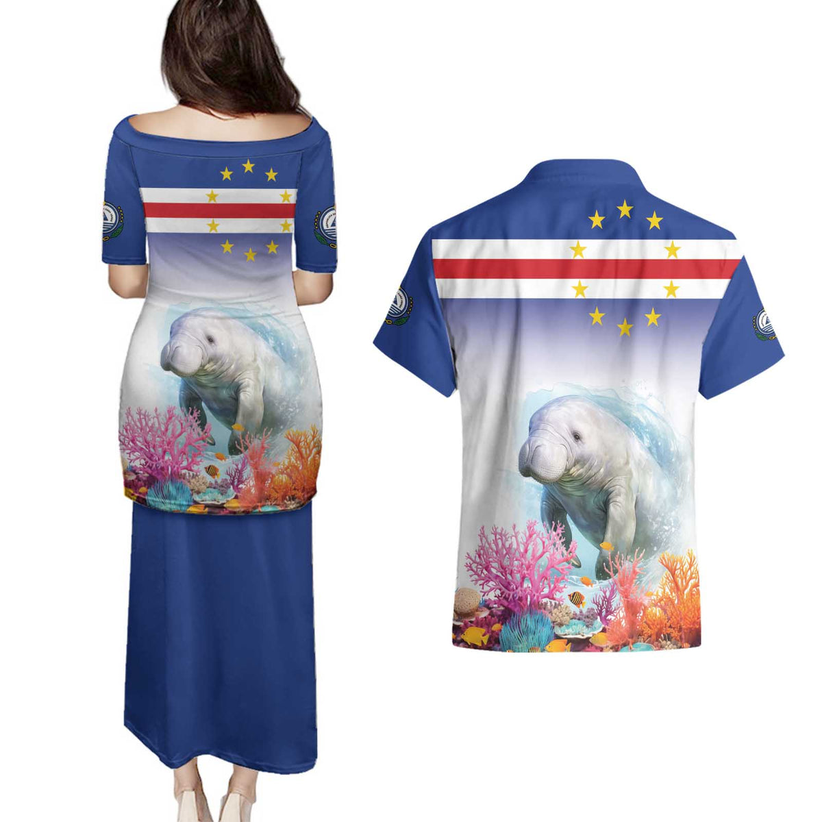 Cape Verde Manatee Couples Matching Puletasi and Hawaiian Shirt Coral Reef With Flag Style - Wonder Print Shop
