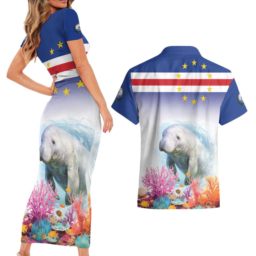 Cape Verde Manatee Couples Matching Short Sleeve Bodycon Dress and Hawaiian Shirt Coral Reef With Flag Style - Wonder Print Shop