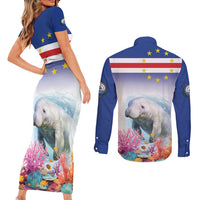 Cape Verde Manatee Couples Matching Short Sleeve Bodycon Dress and Long Sleeve Button Shirt Coral Reef With Flag Style - Wonder Print Shop