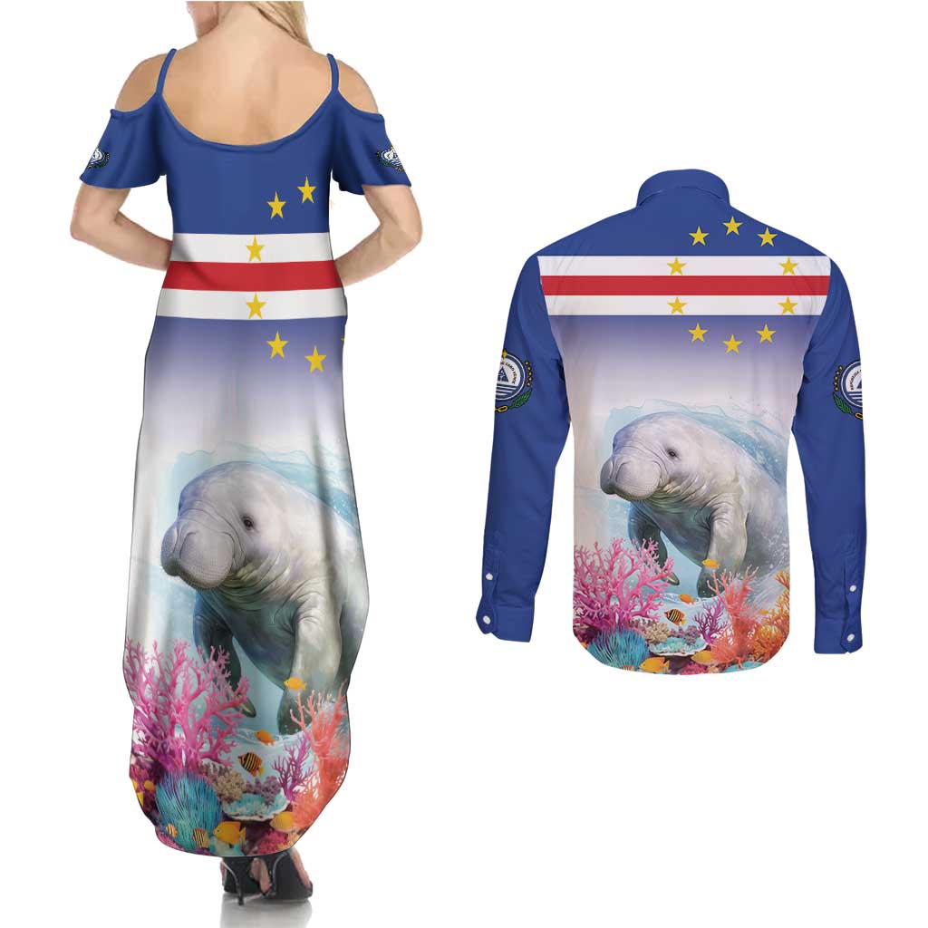 Cape Verde Manatee Couples Matching Summer Maxi Dress and Long Sleeve Button Shirt Coral Reef With Flag Style - Wonder Print Shop