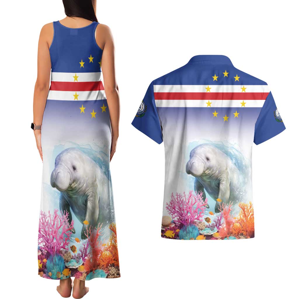 Cape Verde Manatee Couples Matching Tank Maxi Dress and Hawaiian Shirt Coral Reef With Flag Style - Wonder Print Shop