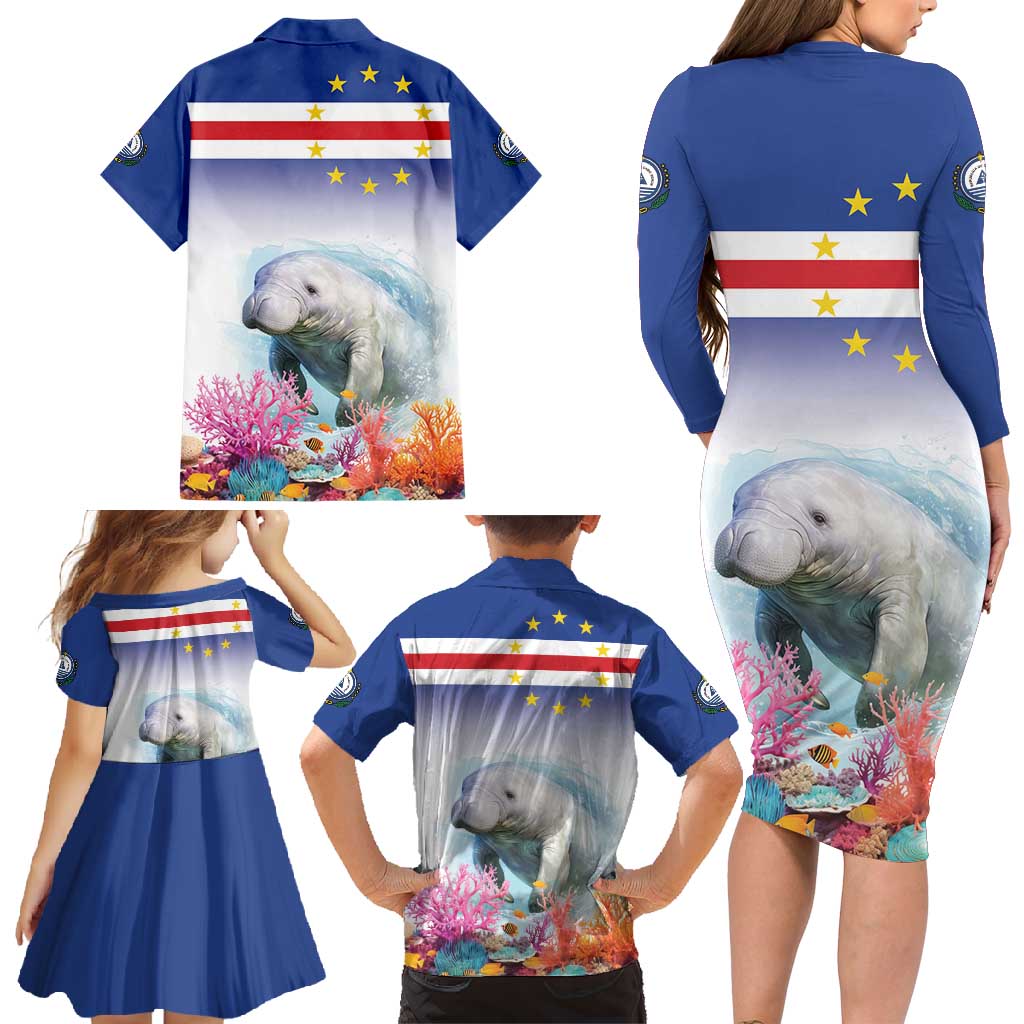 Cape Verde Manatee Family Matching Long Sleeve Bodycon Dress and Hawaiian Shirt Coral Reef With Flag Style - Wonder Print Shop