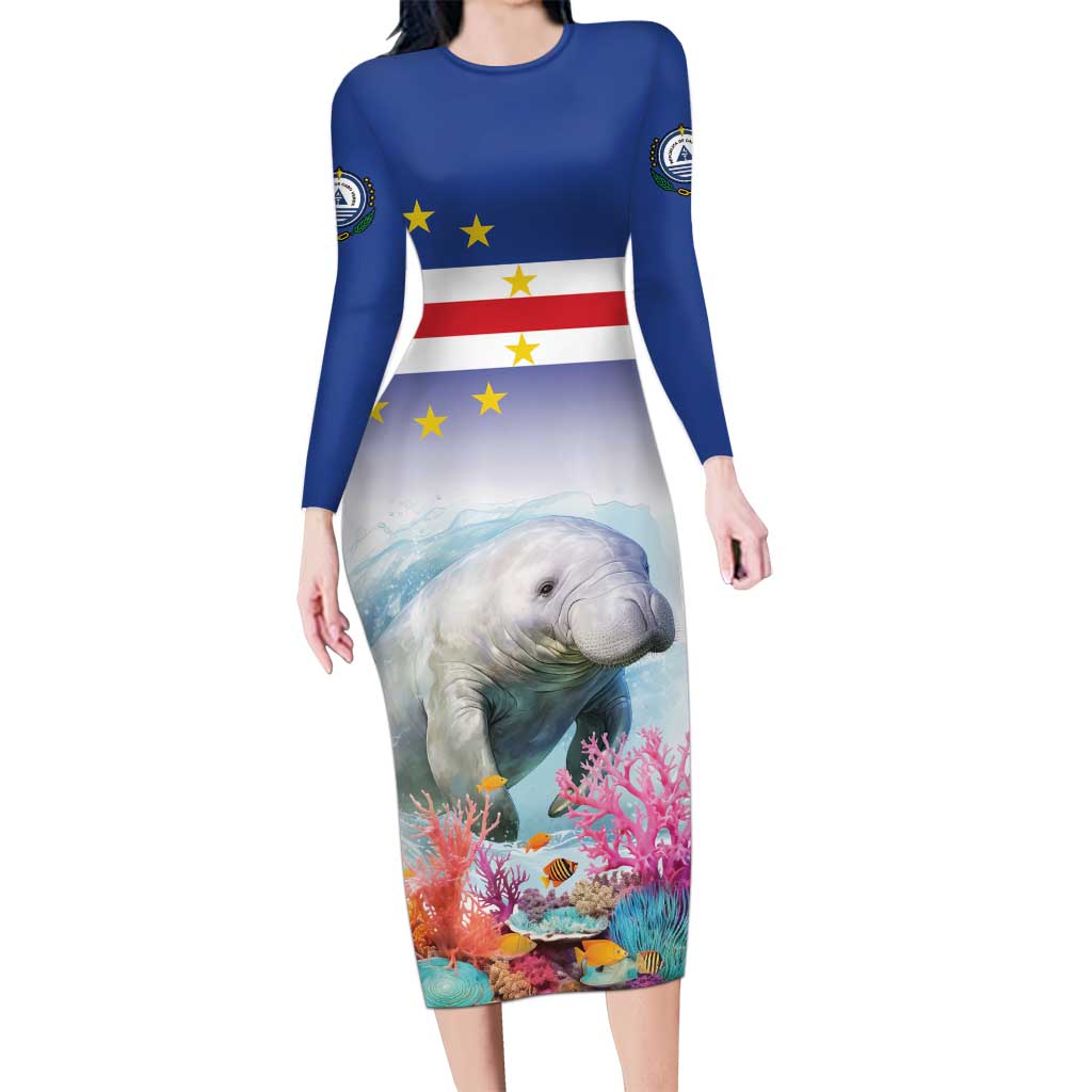 Cape Verde Manatee Family Matching Long Sleeve Bodycon Dress and Hawaiian Shirt Coral Reef With Flag Style - Wonder Print Shop