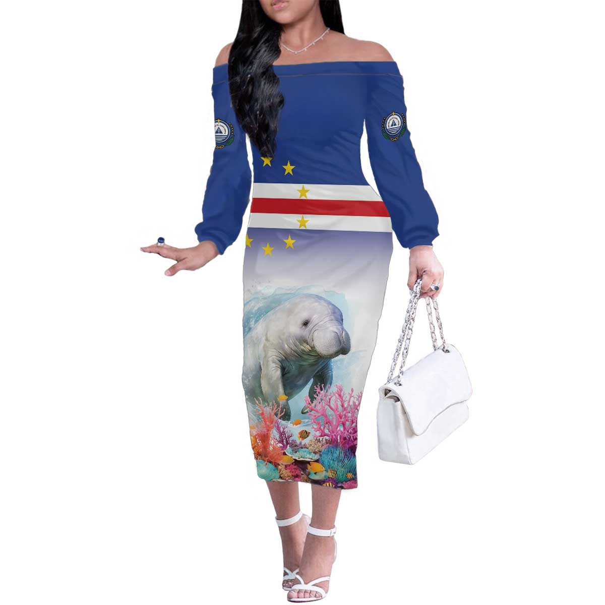 Cape Verde Manatee Family Matching Off The Shoulder Long Sleeve Dress and Hawaiian Shirt Coral Reef With Flag Style - Wonder Print Shop